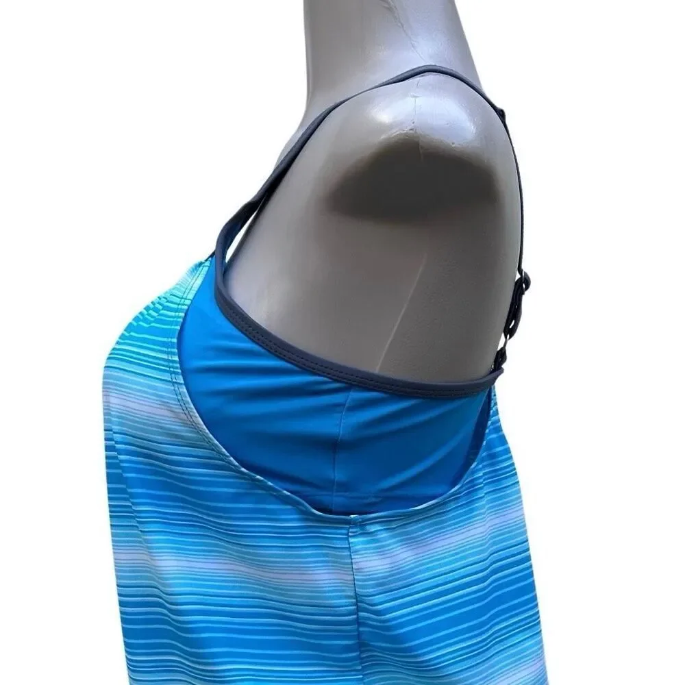 Free Country Swim Tankini Top Women's Medium Blue Striped Blouson Style